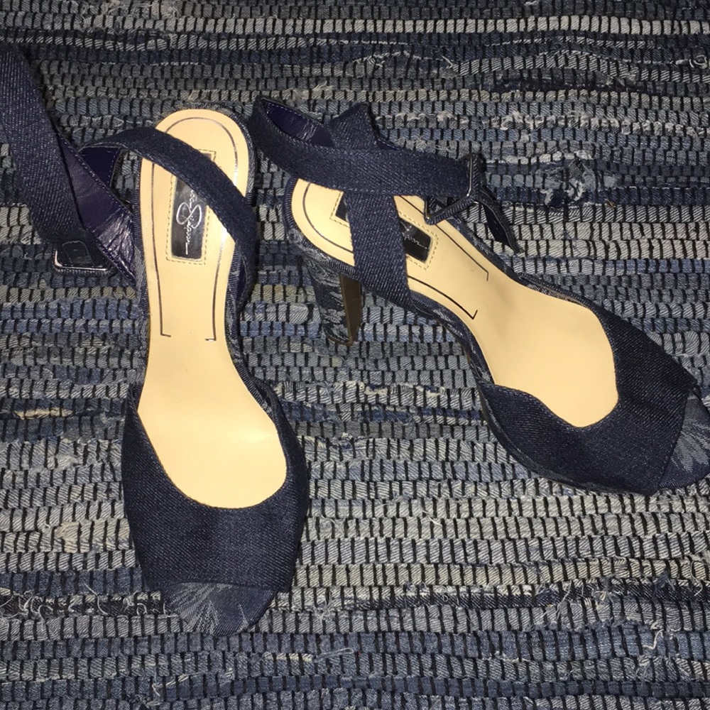 Denim heels with denim floral platform